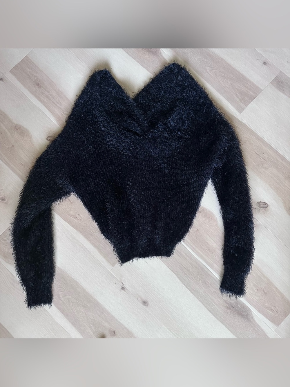 Women’s Black Fuzzy V-Neck Sweater